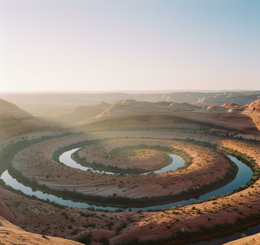 Paysage désertique au lever du soleil avec une rivière formant une spirale naturelle au milieu de formations rocheuses ocres. La lumière douce crée une atmosphère paisible et majestueuse, mettant en valeur les courbes du canyon et l’eau turquoise.
