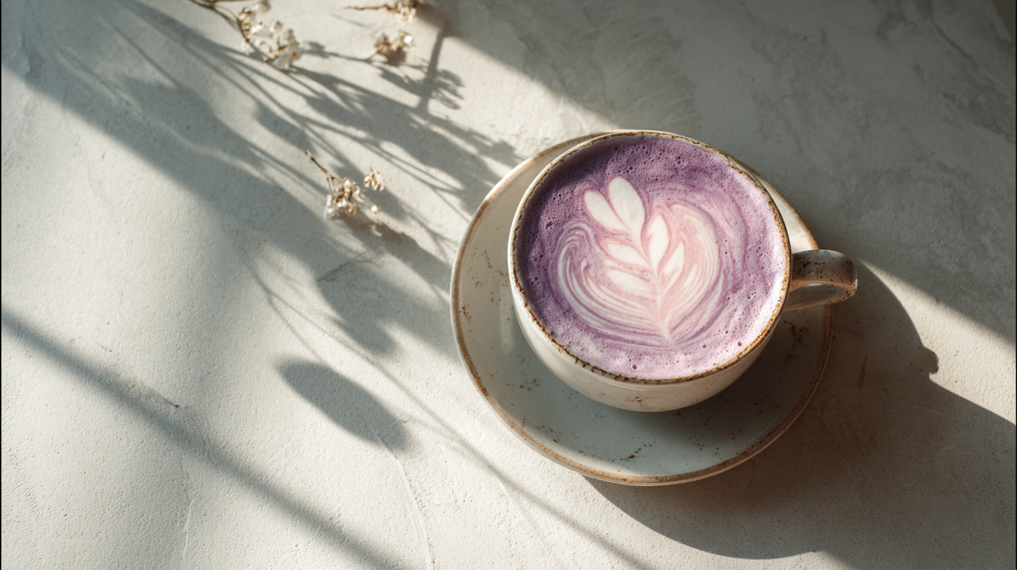 Vue de dessus d’un latte au ube à la texture crémeuse, décoré d’un latte art délicat, servi dans une tasse en céramique sur une surface minérale claire, baignée d’une lumière naturelle douce.