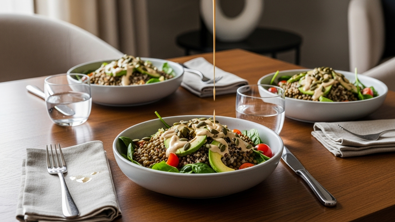 Salade vegan protéinée quinoa-lentilles tahini