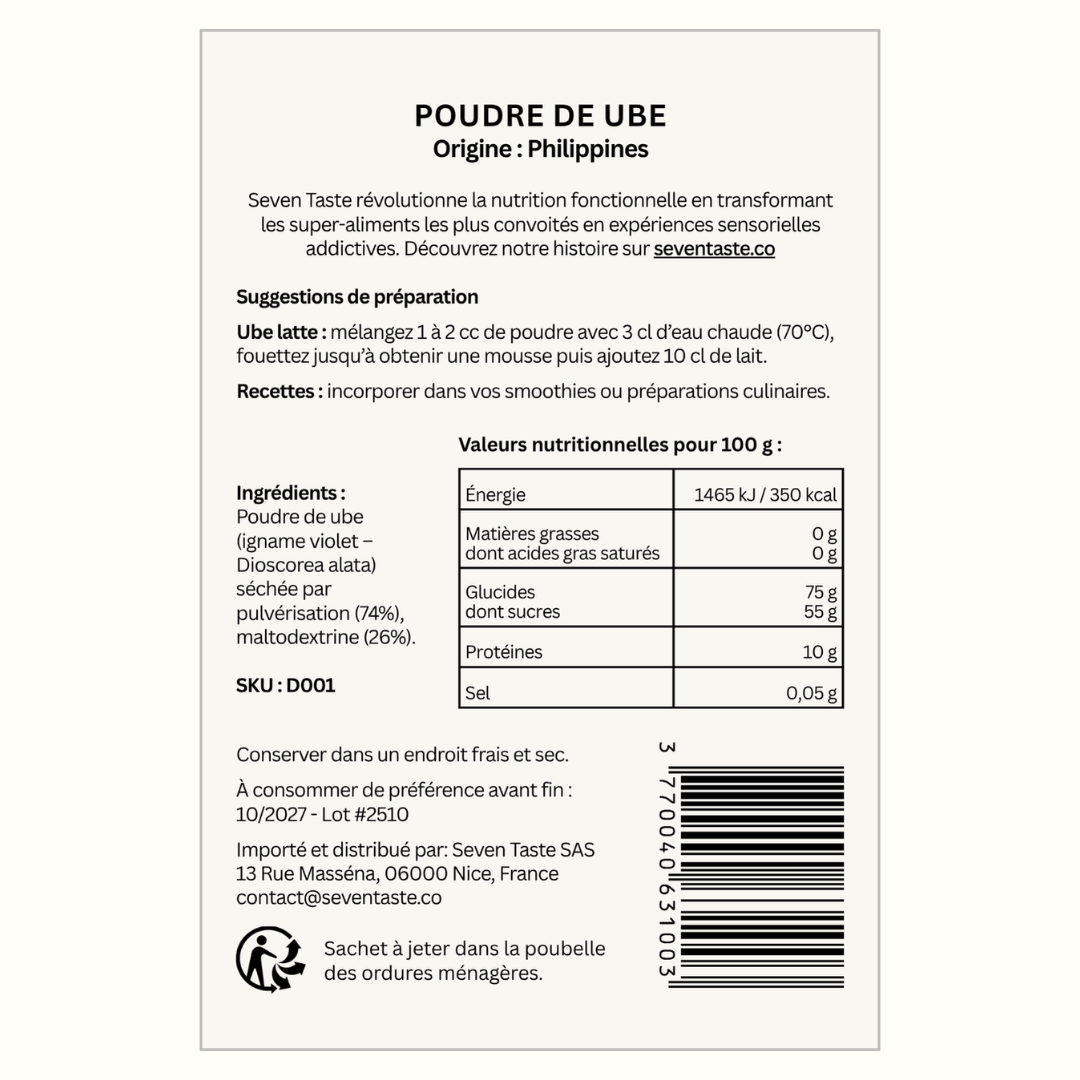 Dos du packaging de la poudre d’ube Seven Taste avec ingrédients, informations nutritionnelles, conseils d’utilisation, mentions légales et code-barres.