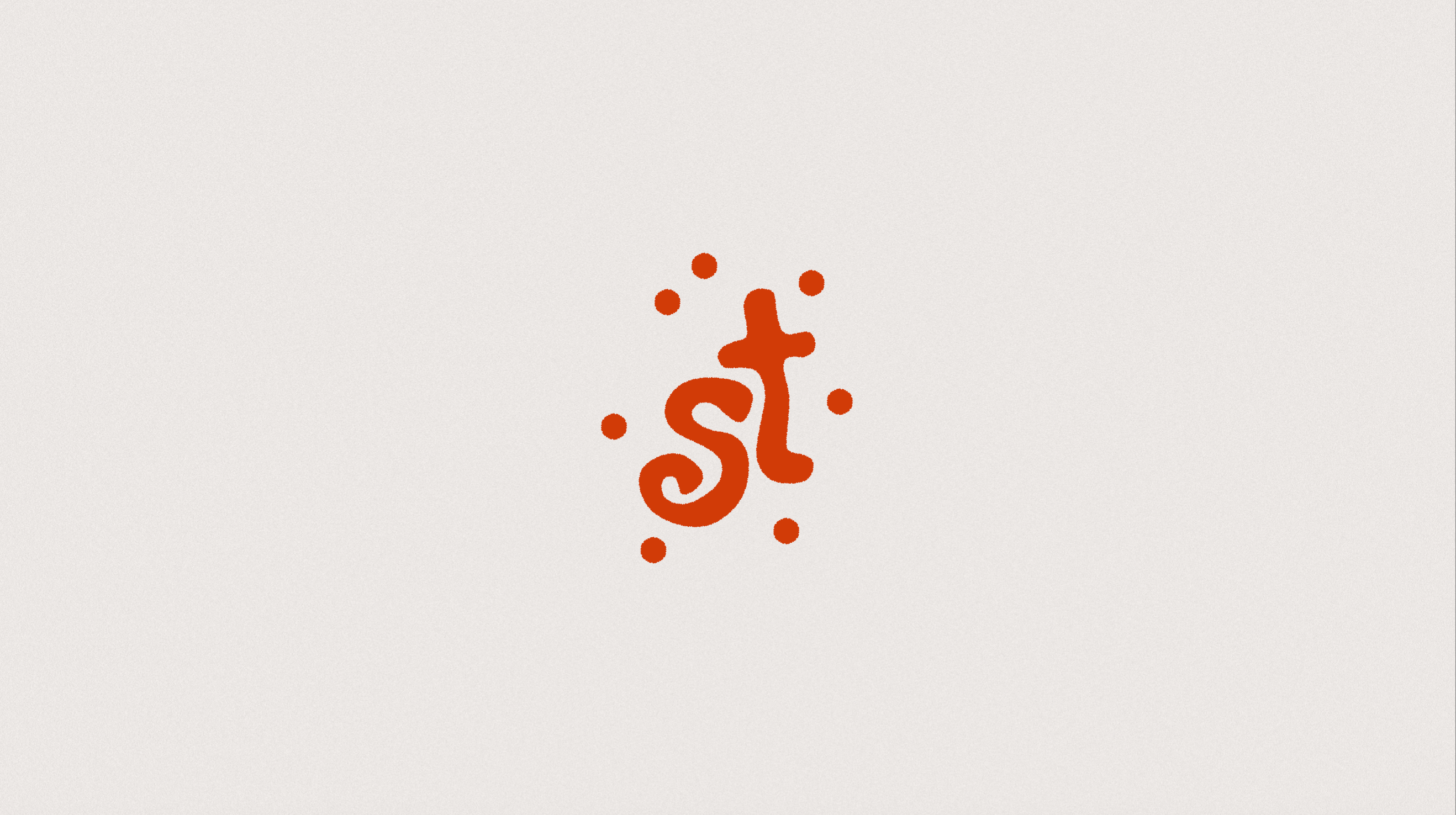 Logo Seven Taste en version monogramme « st » stylisé en orange terre cuite, entouré de petits points décoratifs sur fond clair.