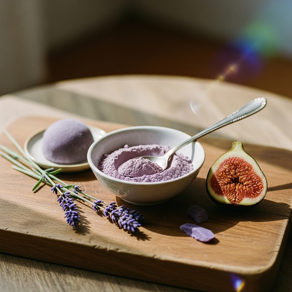 Un bol de poudre d’ube violette avec une cuillère en métal est posé sur une planche en bois, accompagné d’une figue fraîche coupée en deux, d’un sorbet violet et de brins de lavande. La scène est éclairée par une lumière douce et naturelle, créant une ambiance sensorielle, raffinée et inspirée du bien-être.