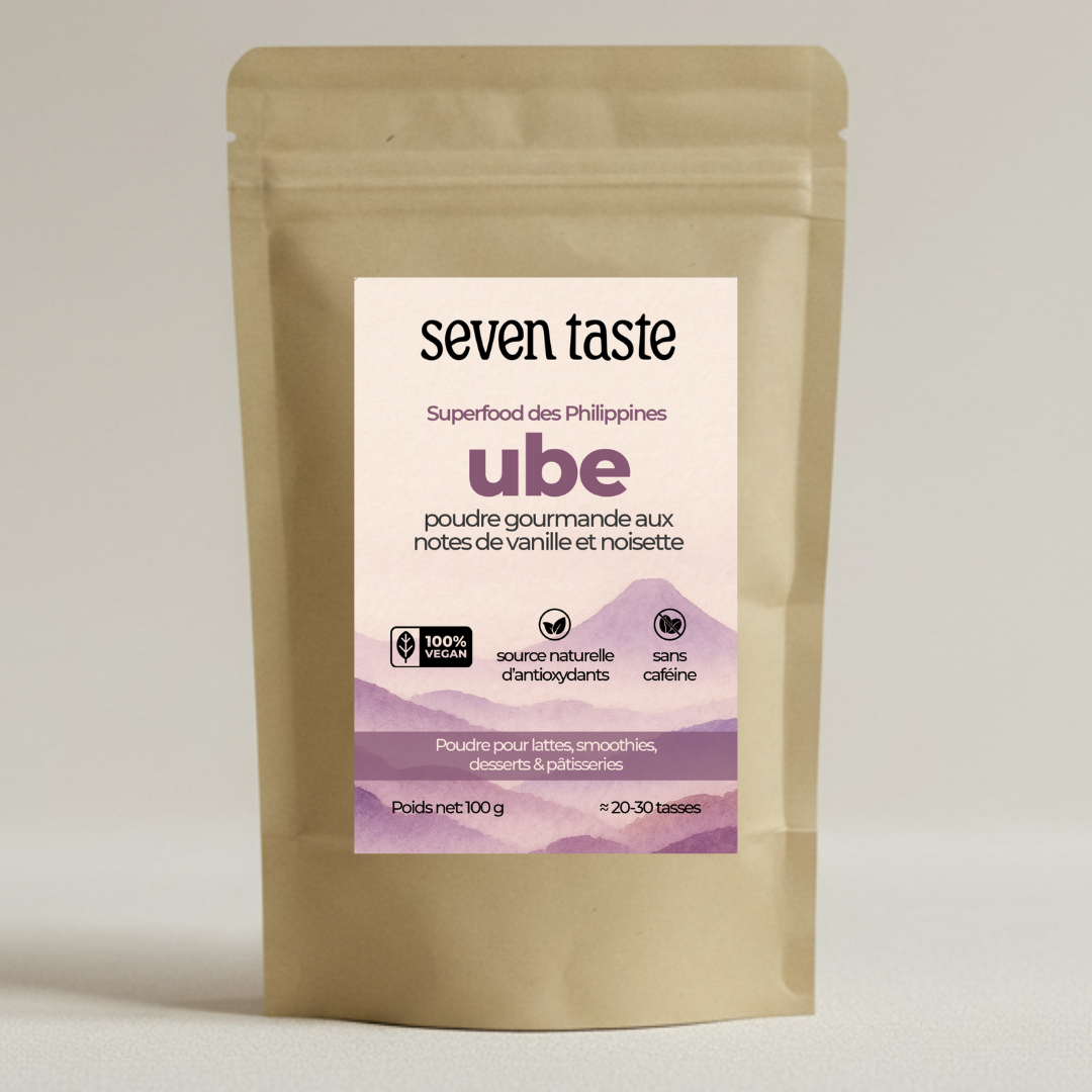 Sachet kraft refermable de poudre d’ube Seven Taste avec étiquette lavande présentant les bénéfices et usages du produit.