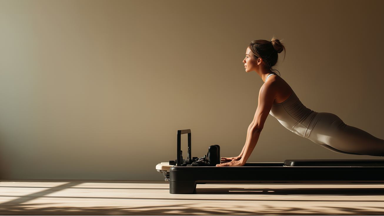 Femme en tenue de sport réalisant un exercice de Pilates sur un Reformer dans une ambiance lumineuse et calme, symbolisant bien-être, posture et renforcement musculaire.