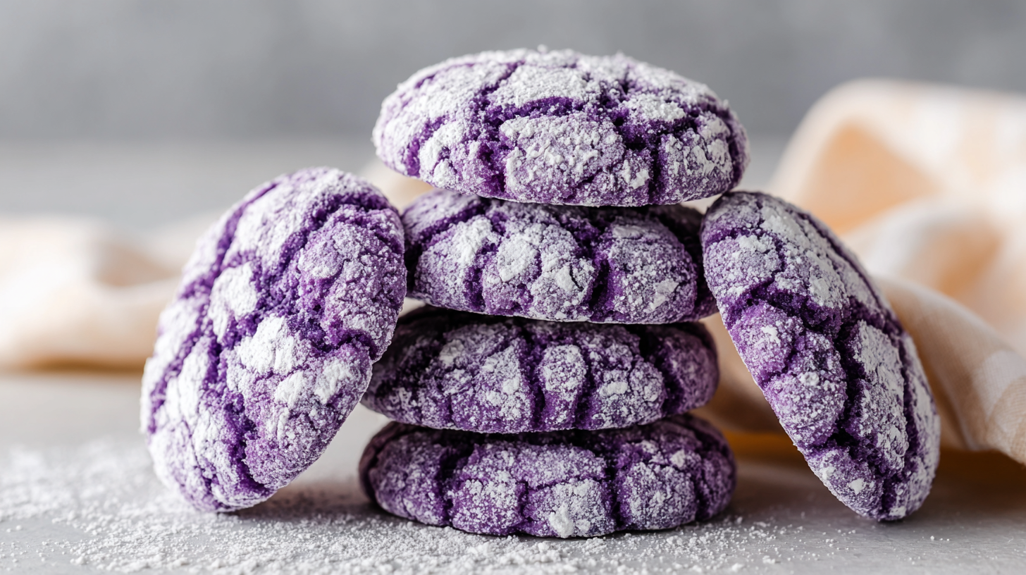 Des cookies violets à base d’ube, craquelés et poudrés de sucre glace, empilés sur une surface claire.