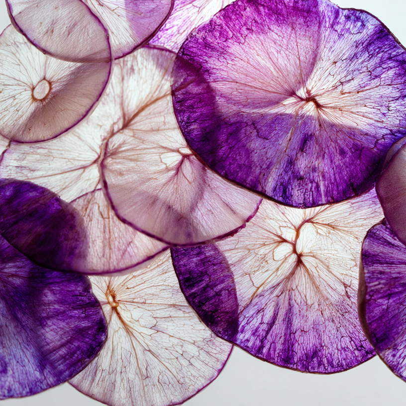 Gros plan de tranches ultra fines de ube et de taro superposées, révélant les nervures violettes naturelles du tubercule ube, symbole de ses antioxydants, contrastant avec le blanc du taro. Photographie artistique illustrant les différences entre ces deux racines d’Asie. Image